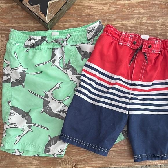 Carter's Kids Swim Shorts - Green Shark and Red Striped - Picture 1 of 7